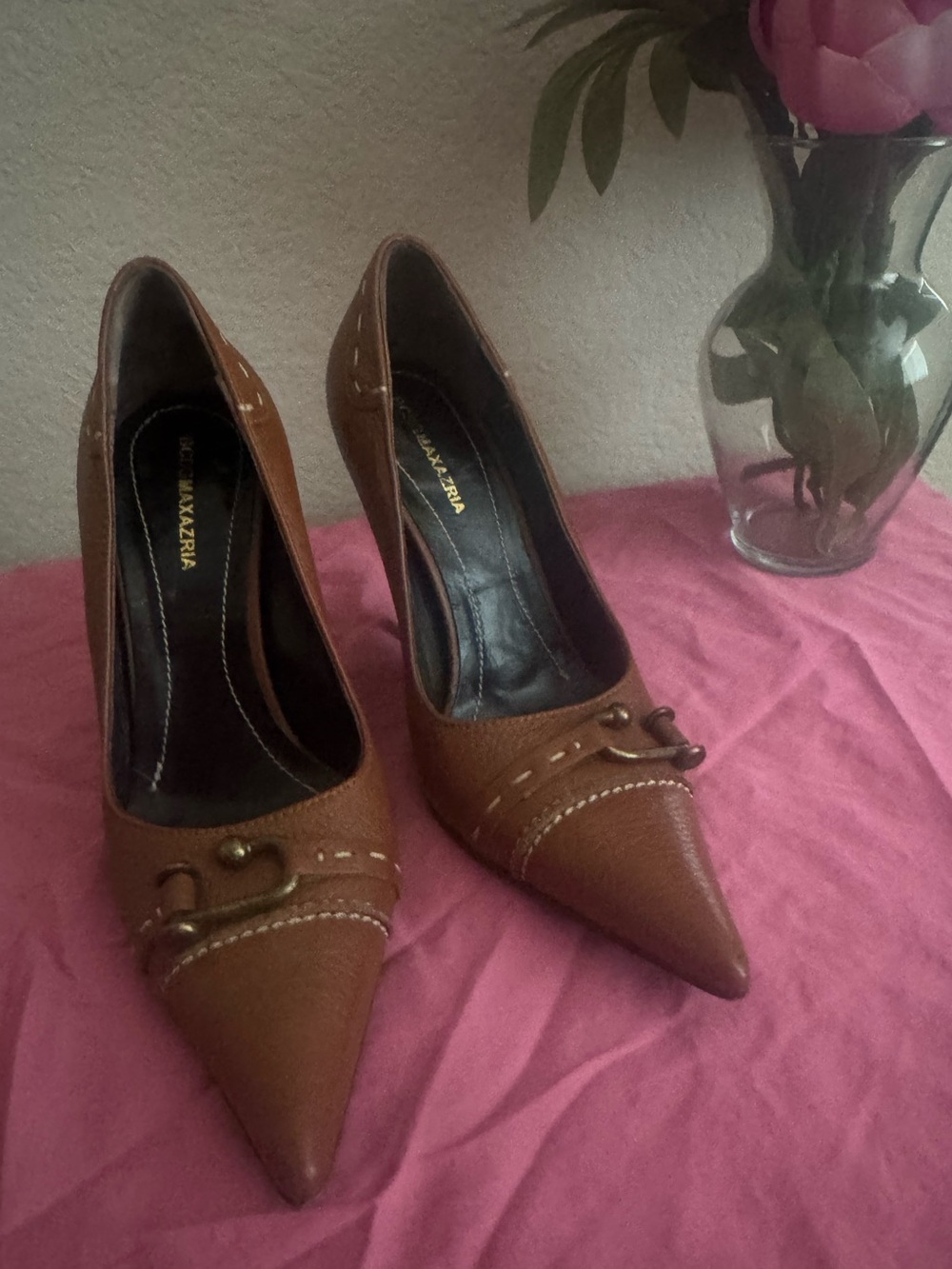 BCBGMaxAzria Brown Leather Pointed Toe Heels with Decorative Hardware